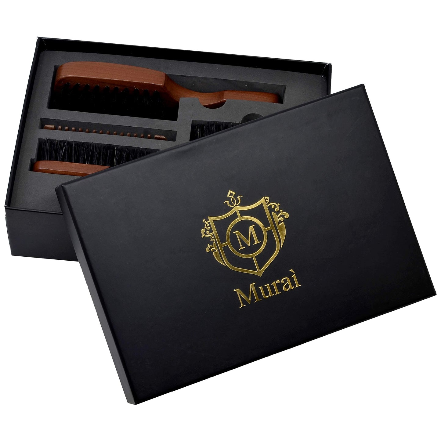 Murai Beard Kit for Men Gift Set Mens Beard Grooming Kit - Military Paddle Hair Brush, Large Handle Beard Brush, Pocket Sized Oval Beard Brush, Wood Beard Comb, and Hairbrush Cleaner