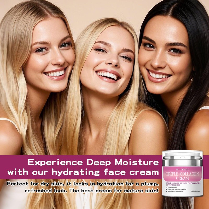 MOAGERDTD Triple Collagen Anti-Aging Face Cream - Hydrating & Firming Moisturizer with Hyaluronic Acid & Premium Elastin | Anti-Aging Wrinkle Care & Elasticity Booster - 1.86 oz