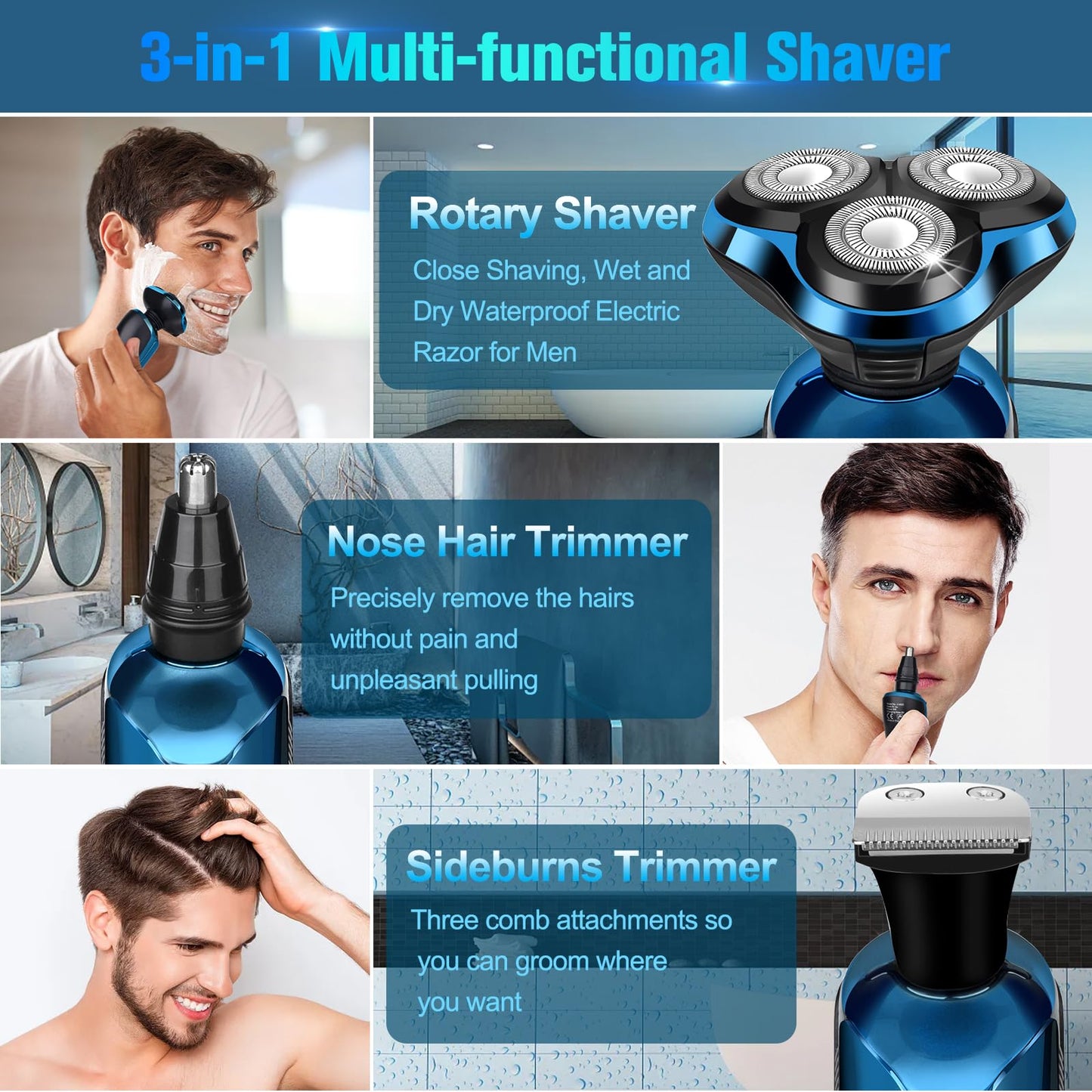Electric Razor for Men, Cordless 3D Rotary Head Shavers for Men Face, Wet/Dry Waterproof, LED Display, Ideal Gift for Husband/Dad/Boyfriend (Blue)