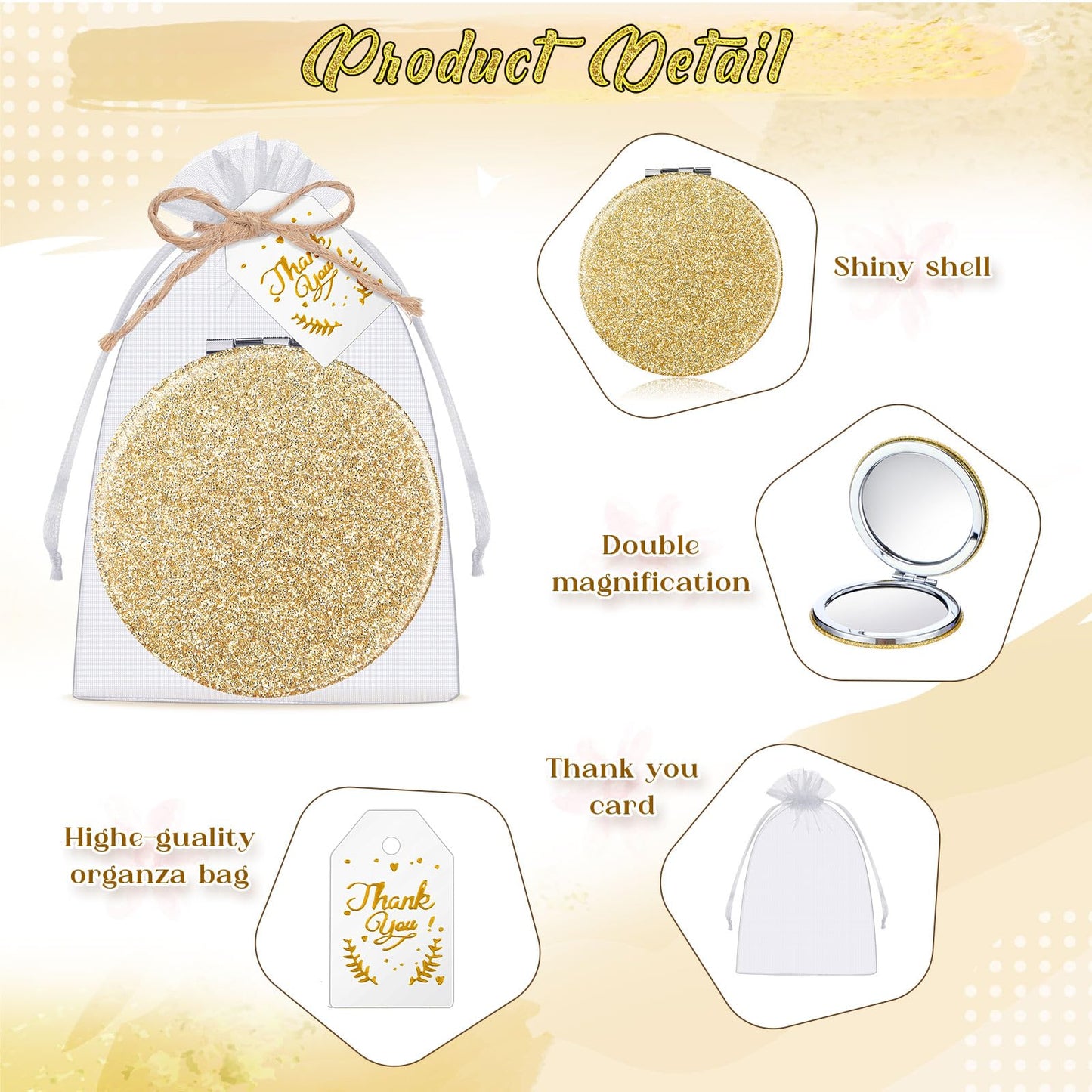 Chunful 30 Sets Compact Magnifying Mirrors Gifts with Thank You Card and Rope Quinceanera Party Favors for Guests Bridal Shower Wedding Souvenir Bridesmaids Mother's Day(30 Pcs,Champagne)