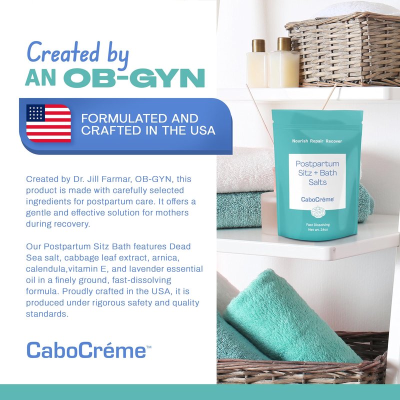 CaboCréme Postpartum Sitz + Bath Salts – 24oz – Postpartum Bath Soak for Perineal Care, Healing Tears, Swelling & Hemorrhoids – Dead Sea Salt with Magnesium – OB-GYN Created Recovery Essential