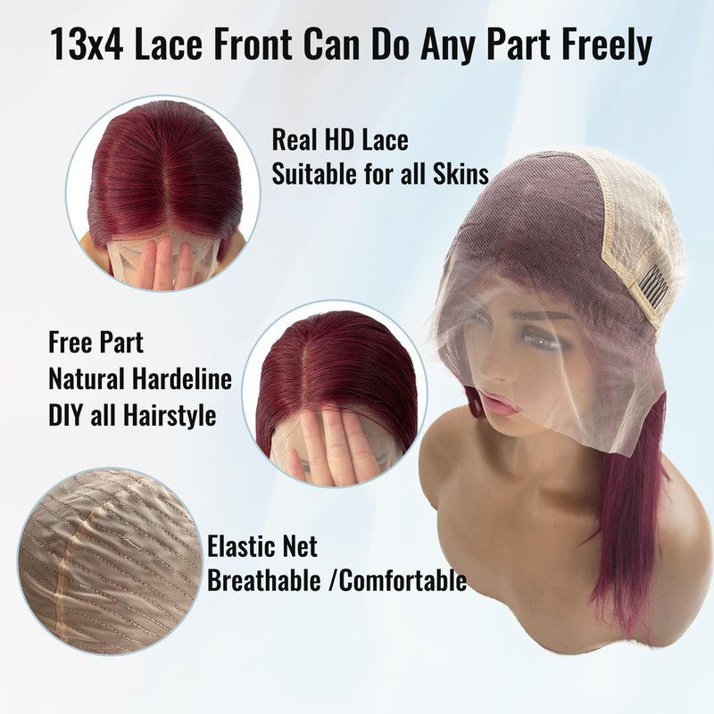 99J Burgundy Lace Front Wigs Human Hair Reddish Brown 13x4 Short Straight Bob Wig 180% Density HD Pre Plucked Glueless Lace Front Human Hair Wine Red bob wig Bleached Knots Natural Hairline 10Inch