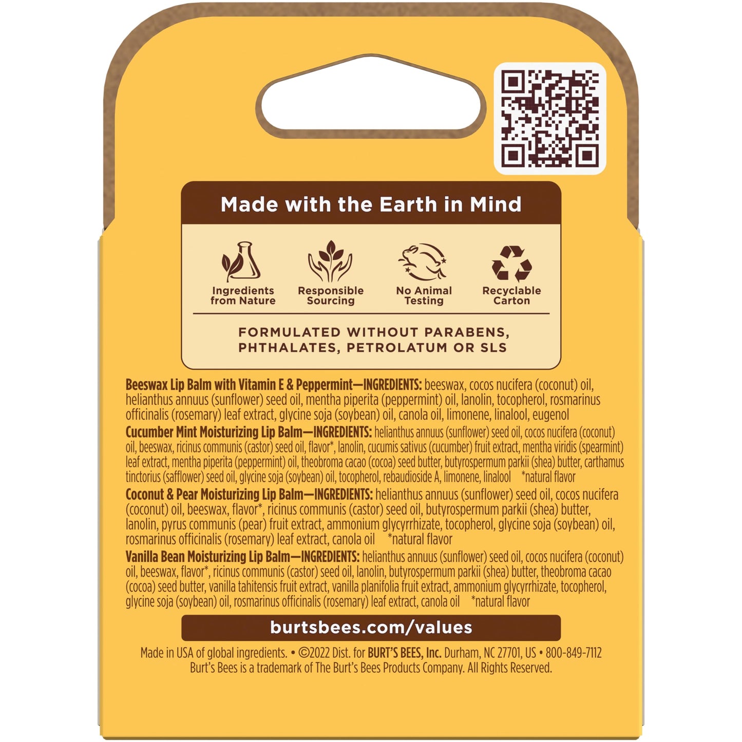 Burt's Bees 100% Natural Moisturizing Lip Balm, Multipack - Original Beeswax, Cucumber Mint, Coconut & Pear and Vanilla Bean with Beeswax & Fruit Extracts - 4 Tubes