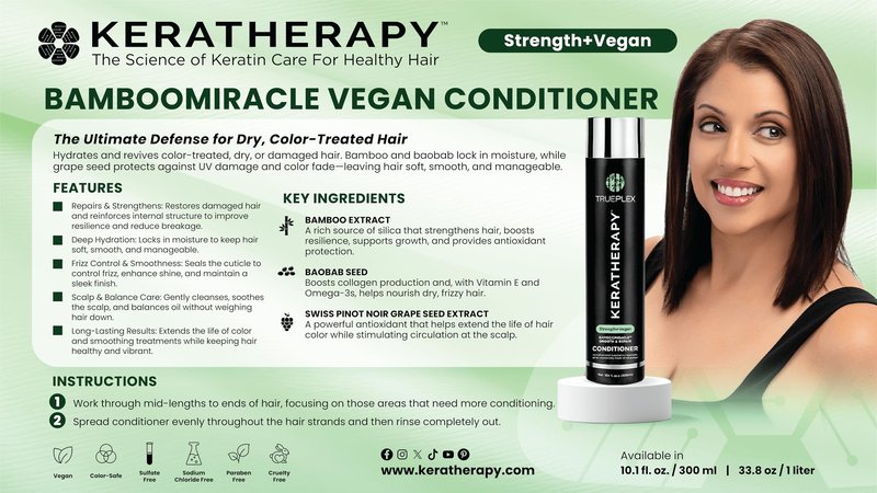 Trueplex KERATHERAPY Bamboo Miracle Smooth & Repair Conditioner, 10.1 oz., 300 ml - Vegan Formula Damaged, Frizzy, & Dry Hair - Hydrating & Smoothing with Grape Seed, Baobab, & Bamboo Extract