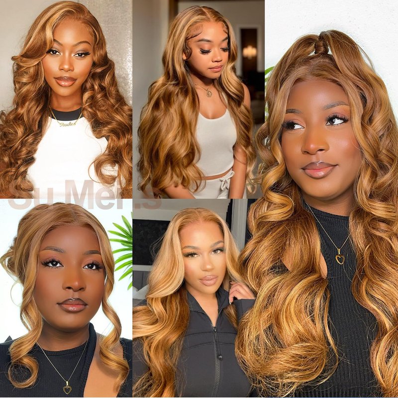 Honey Blonde Lace Front Wig, 6x5 Wear and Go Glueless Body Wave Synthetic lace front Wigs for Black Women, 26Inch Pre Plucked Pre Cut HD Lace Frontal Wig With Baby Hair (27/30 Honey Blonde, 6x5)