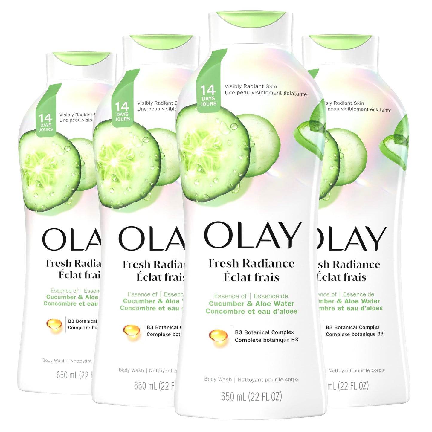 Olay Body Wash for Women, Fresh Radiance, Refreshing & Renewing, Made with Plant Based Cleansers, B3 Botanical Complex, For All Skin Types, Cucumber & Aloe Water Scent, 22 fl oz (Pack of 4)