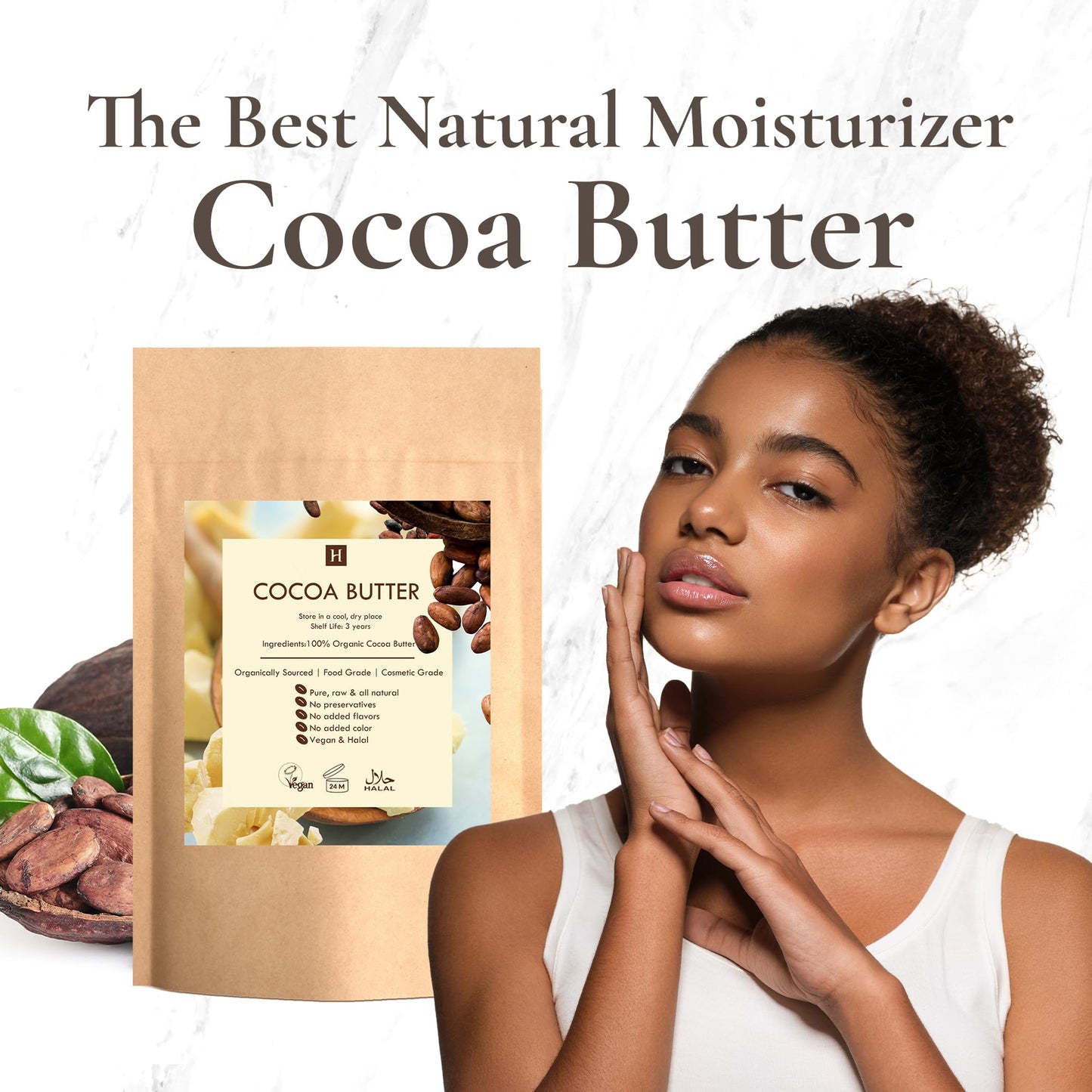 Cocoa (Cacao Butter) Butter, Pure, Raw, Unprocessed. Incredible Quality and Scent. Use for Lotion, Cream, Lip Balm or Body Butter. NON-GMO, Vegan - 1 lb By SaaQin®