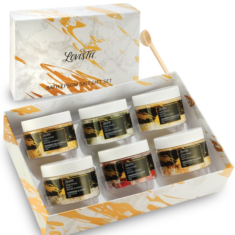 Christmas Epsom Salt Spa Gift Set of 6 Bath Salts - Coconut Vanilla, Jasmine Osmanthus, Eucalyptus Mint, Lavender Honey, Chamomile Rose, Grapefruit Lemon for Bath Gift Set for Women Baskets