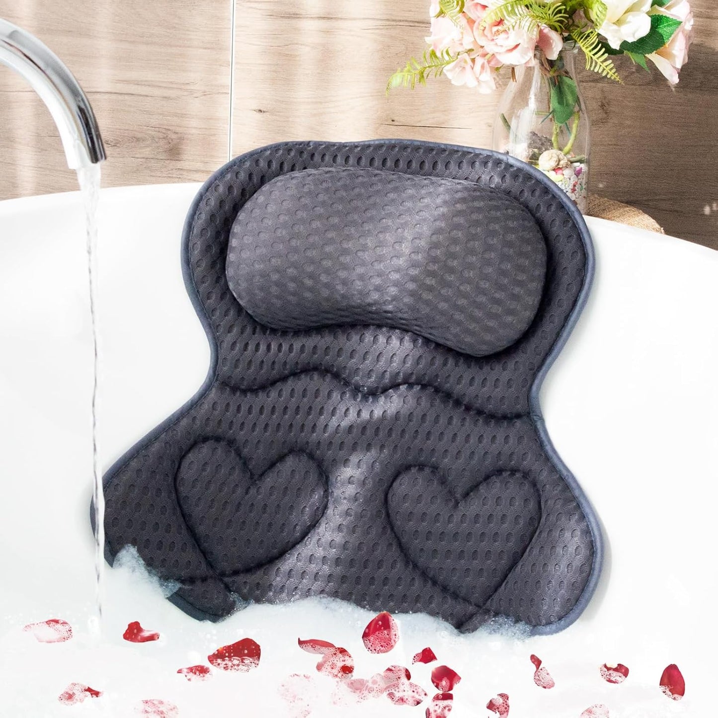 Bath Pillows for Tub - Luxury Head and Neck Support | 4D Air Mesh Fabric & 6 Non-Slip Suction Cups (Gray)
