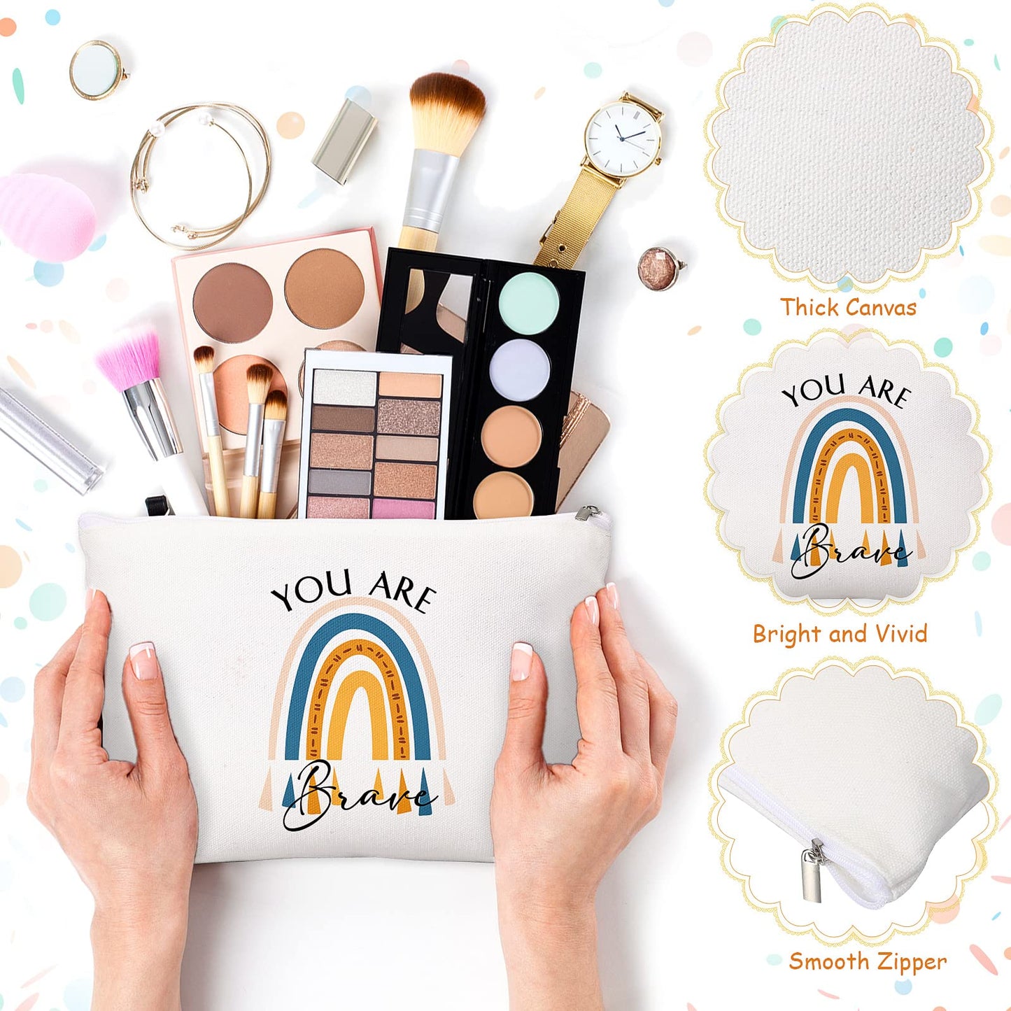 Fumete 60 Pcs Back to School Gift Bulk 30 Inspirational Rainbow Canvas Makeup Bag 30 Motivational Keychain Thank You Gift for Women Men Volunteer Nurse Teacher Appreciation Gifts