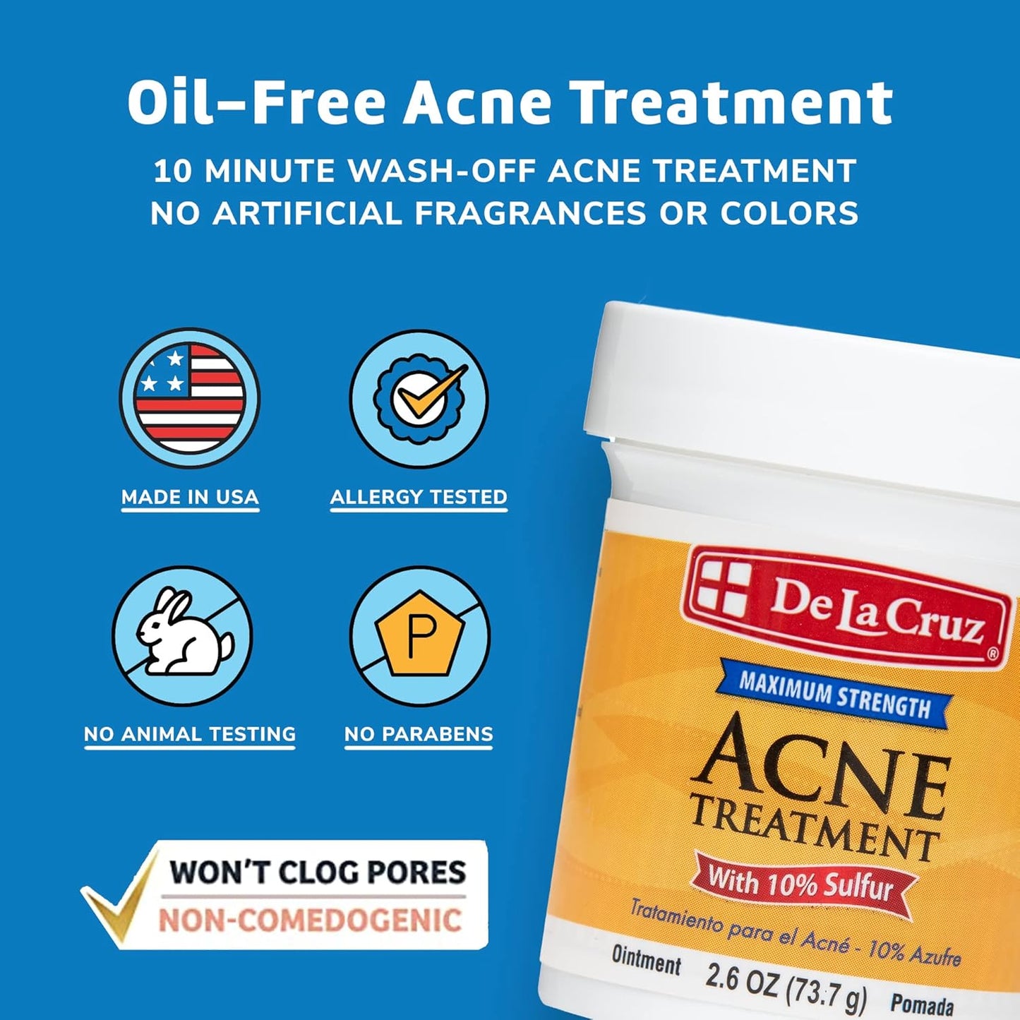 De La Cruz 10% Sulfur Ointment | Cystic Acne Treatment for Face & Body - 2.6 oz Daily Spot Treatment Mask