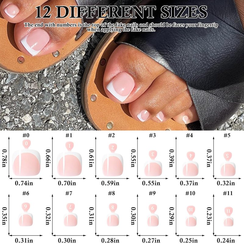 French Tip Press-On Toenails - 144pc Acrylic Fake Toe Nail Kit with Glue Tabs | Square Design