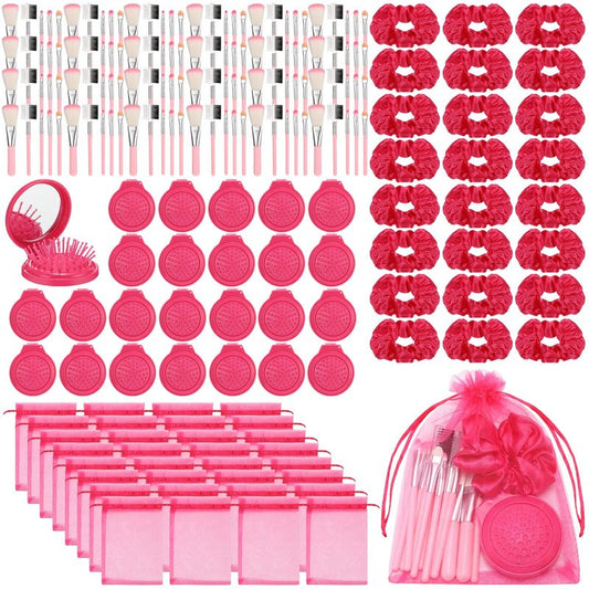 SiliFine Pink Girl Party Favors Girl Makeup Party Favor Party Supplies Set Includes Pink Gauze Bags, Hair Scrunchies, Foldable Mirror Hair Brushes, Makeup Brushes Toys(48 Pcs)