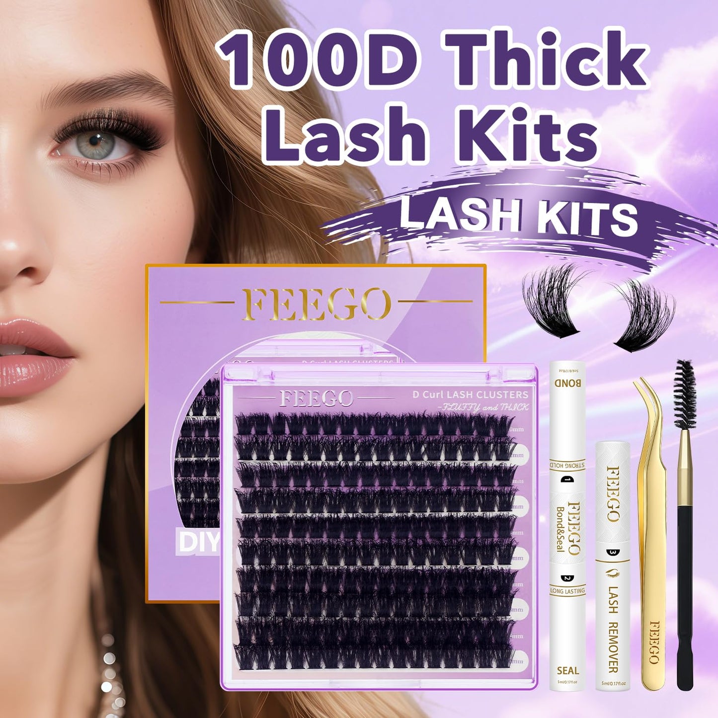 FEEGO Lash Extension Kit 100D/ 200D Fluffy 10-20MM D Curl Lash Clusters Eyelash 160pcs Extension Kit Individual Lashes with Lash Bond and Seal Lash Remover Lash (100D LASH KIT)