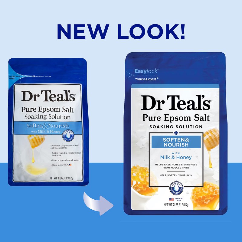 Dr Teal's Epsom Salt Soaking Solution, Soften & Nourish with Milk and Honey, 48 Oz (Packaging May Vary) (Pack of 2)