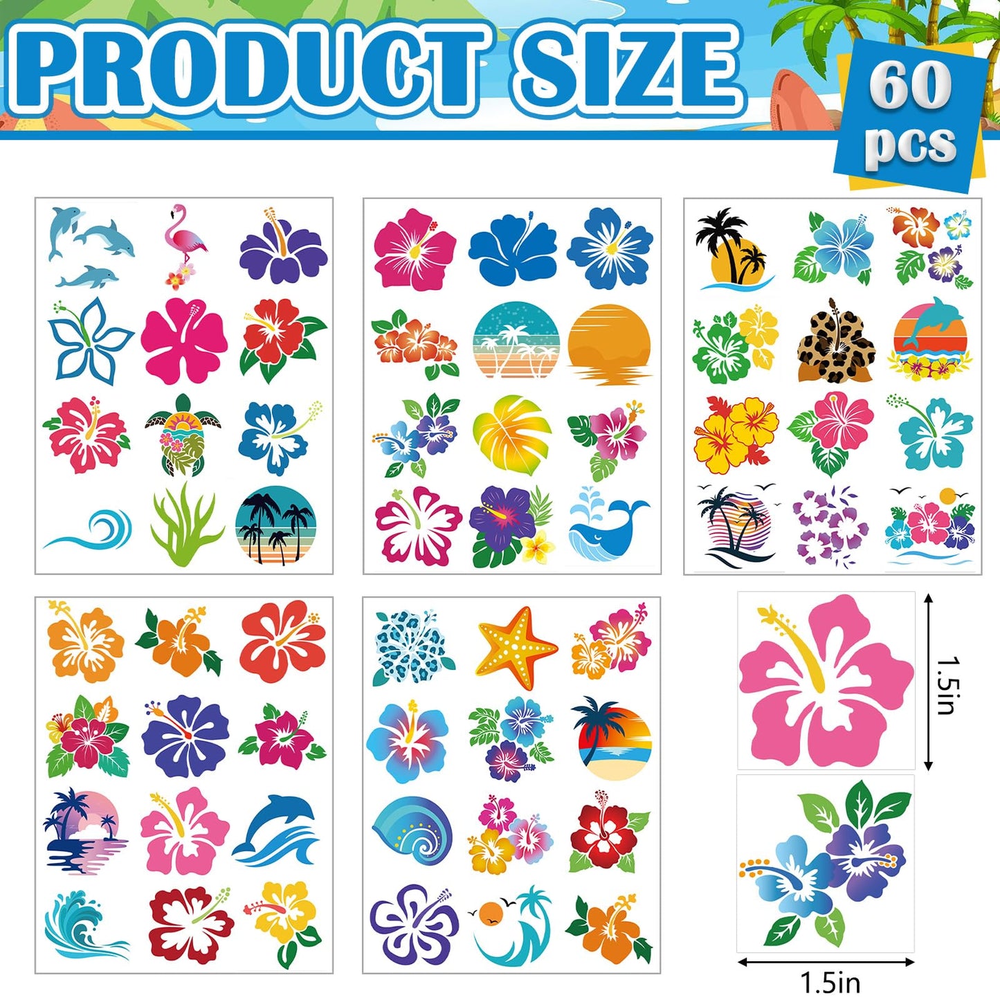 Kathfly 180 Pcs Hibiscus Temporary Tattoos Glitter Hawaiian Flower Tattoos Stickers for Face Body Decoration Women Summer Tropical Aloha Party Favors Gift (Summer Flowers)