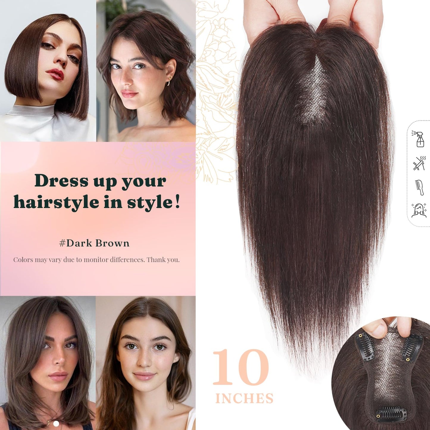 SHEIRIS Human Hair Toppers for Women, for Women with Thinning Hair Swiss Base, No Bangs, 10 Inch (#3)