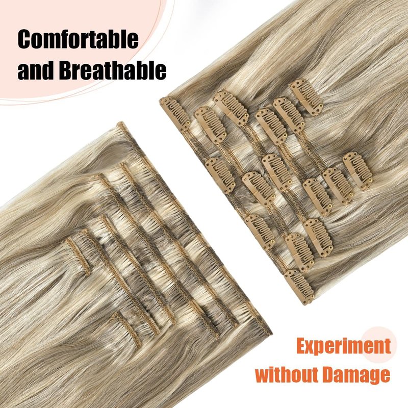 UGOTRAYS Clip in Hair Extensions Real Human Hair - 15 inch 70g Ash Blonde Mixed Bleach Blonde Straight 7pcs Double Weft - 100% Remy Human Hair Extensions #18p613 15inches