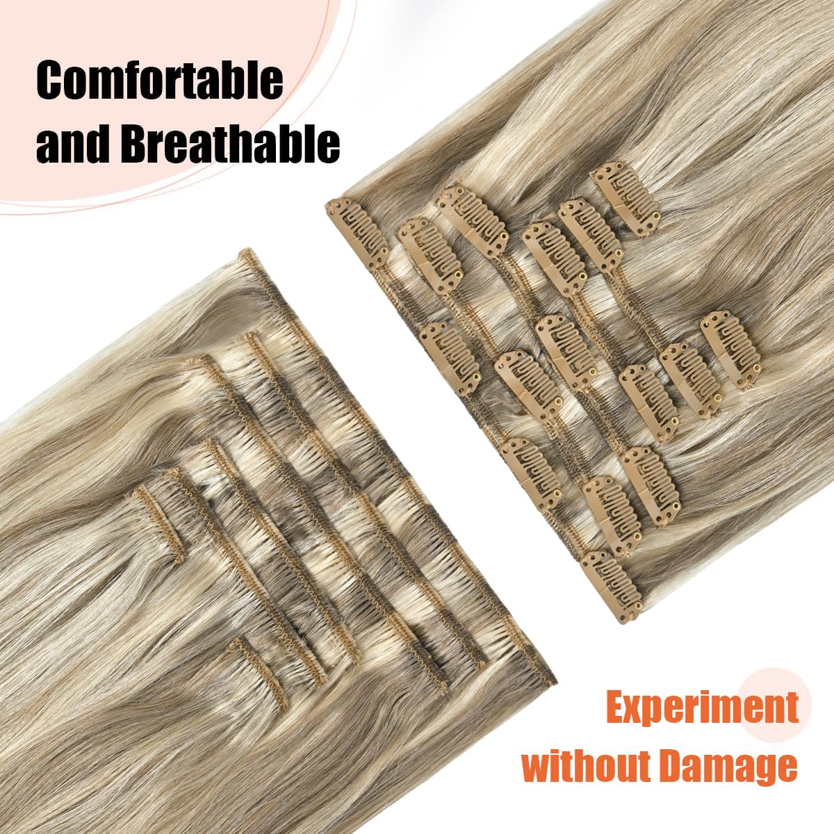 UGOTRAYS Clip in Hair Extensions Real Human Hair - 15 inch 70g Ash Blonde Mixed Bleach Blonde Straight 7pcs Double Weft - 100% Remy Human Hair Extensions #18p613 15inches