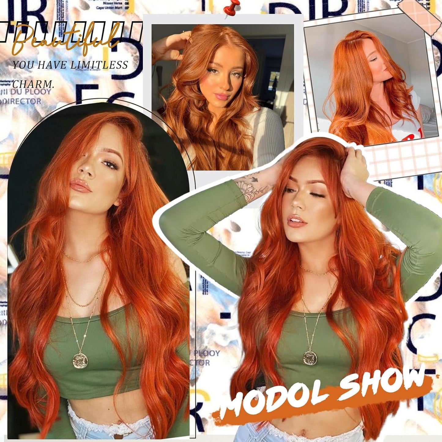 Worldnewhair Ginger Orange Lace Front Wig 13x4 HD Synthetic Wigs for Women Pre Plucked 26 Inch Long Straight Layered Wig for Daily