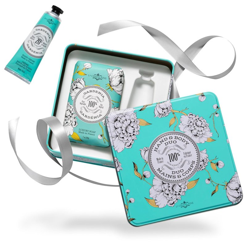 Gardenia Bar Soap & Shea Butter Hand Cream Gift Set - Natural & Organic | Decorative Tin, 7 oz. Soap Bar, 1 oz. Lotion
