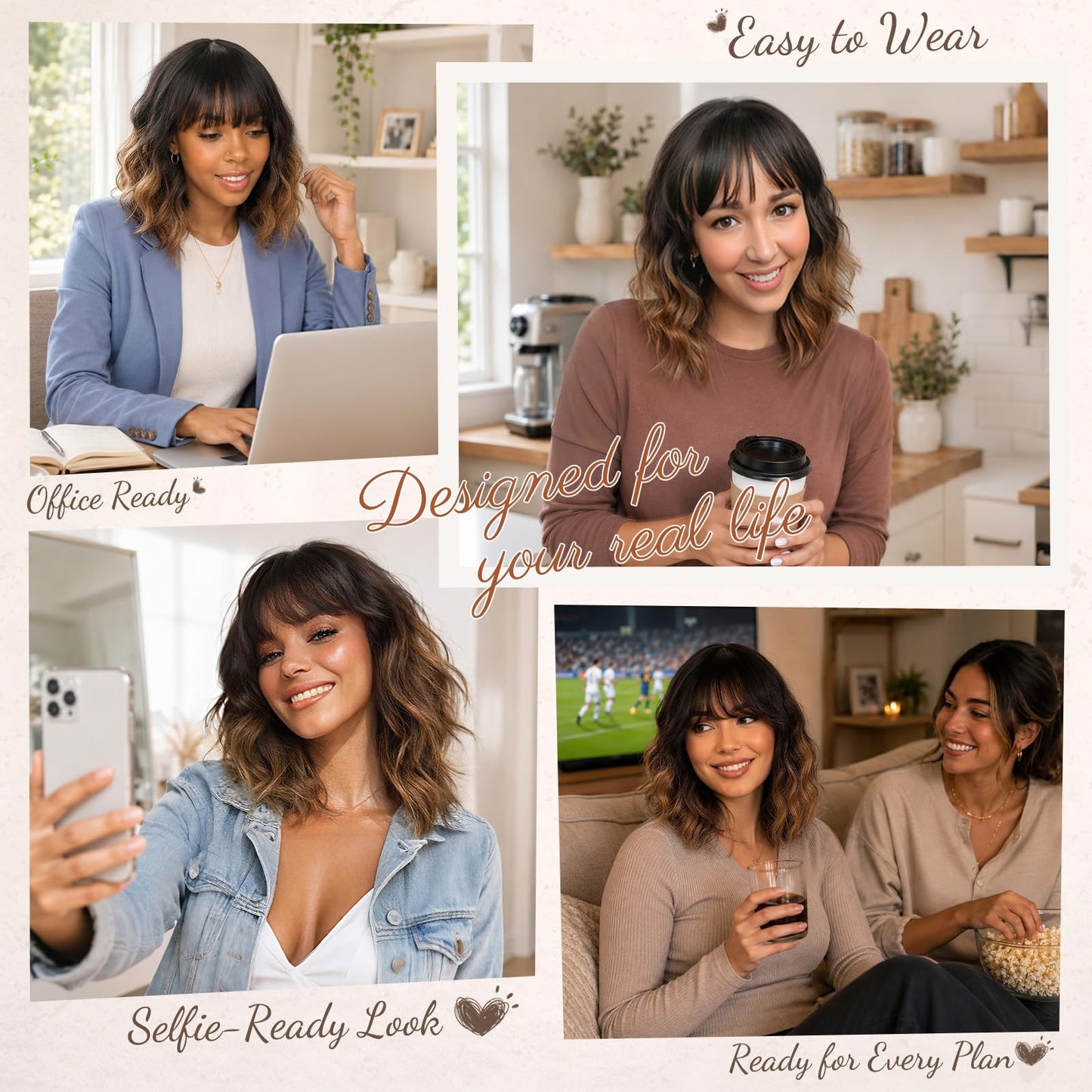 Nnzes Short Wavy Wig with Bangs for Women Shoulder Length Bob Curly Women's Charming Synthetic Wigs with Natural Wavy Black To Brown Heat Resistant Hair for Daily Party Use
