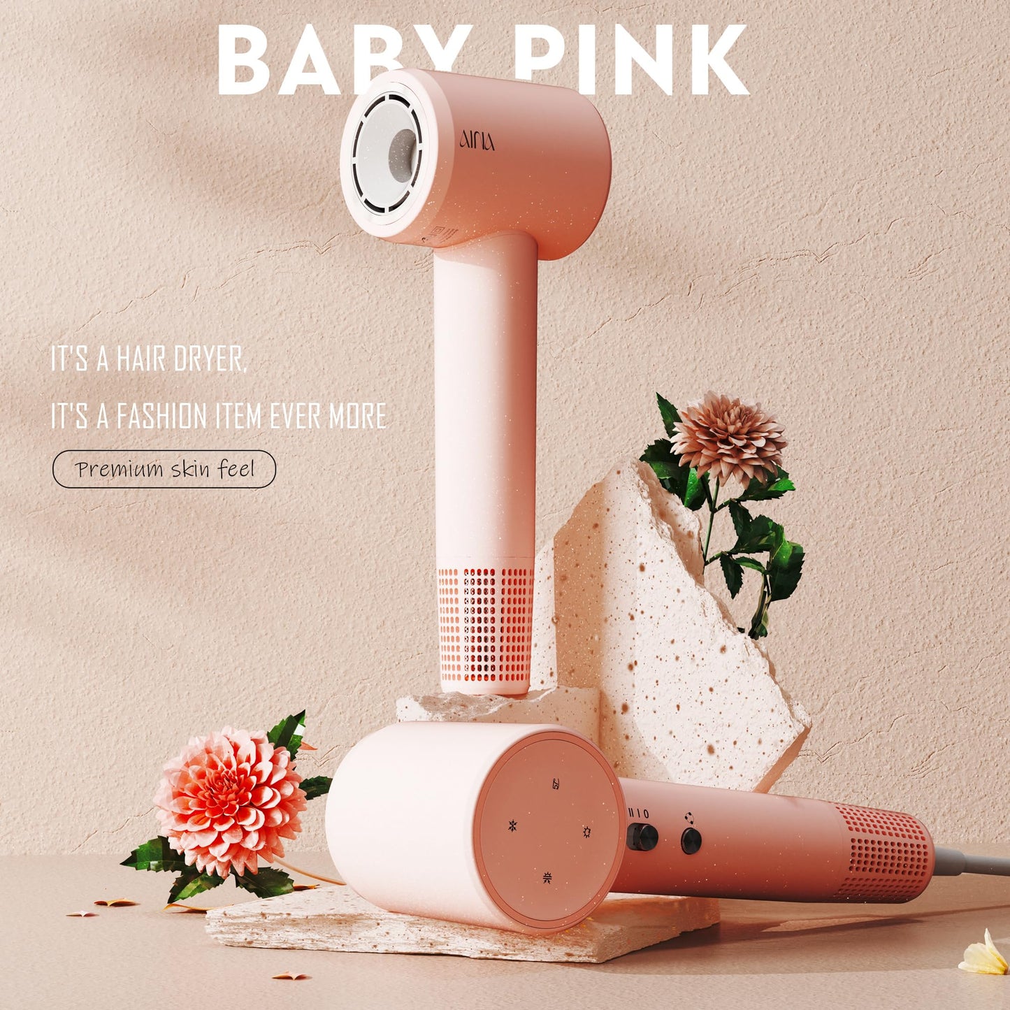 AINA Hair Dryer,Blow Dryer with Diffuser Brush Comb for Women - BLDC Hair Dryer - Brushless Motor, 110,000 RPM Lightweight,Ionic Travel, 3 Magnetic Attachments 110V/ALCI(Baby Pink)