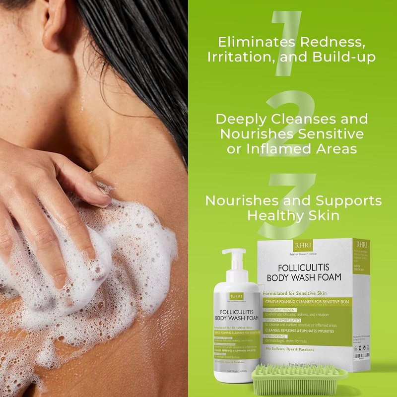Folliculitis Treatment Body Wash - Foaming Cleanser for Sensitive Skin | Redness Relief, Sulfate-Free with Bonus Scrubber Brush