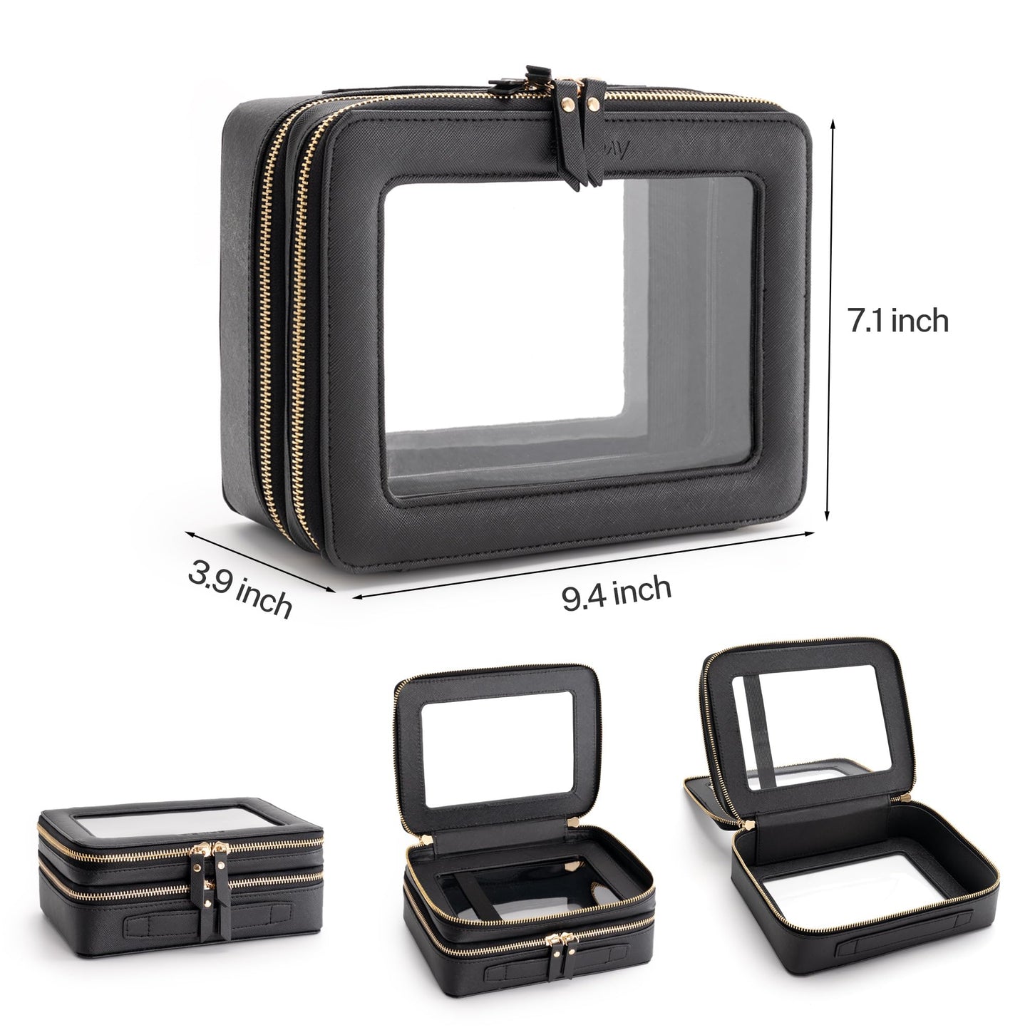 Aveniee XL Clear Makeup Organizer,Double Layer Travel Cosmetic Case with Brush Holder & Zippered Compartments,Big Toiletry Bag for Travel Accessories,2 Layers Large,Black