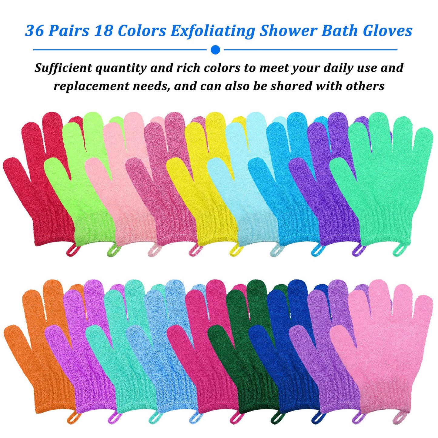 72 Pieces Exfoliating Glove Double Sided Shower Gloves with Hanging Loop Exfoliating Body Scrubber for Men Women Children Beauty Spa Massage Skin Shower Scrubber Bathing, 18 Colors