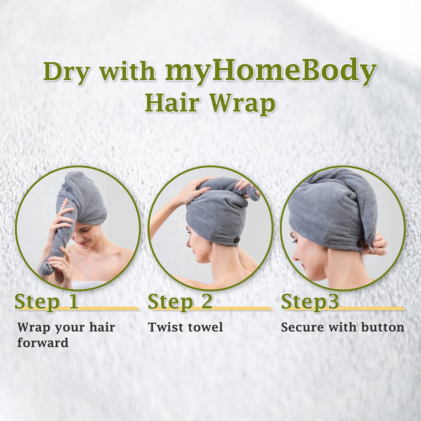 myHomeBody Hair Towel Wrap, Luxury Quick Drying Turban, Ultra Soft Absorbent Cap, with Coconut Shell Button – Light Gray, Pink, White, 3 Pack