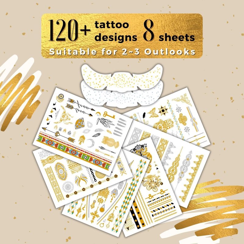 Gold Temporary Tattoos for Women - Metallic Flash Stickers & Glitter Face Tattoos - 120+ Boho Egyptian Festival Temporary Tattoo for Adults - Waterproof Gold Henna Set