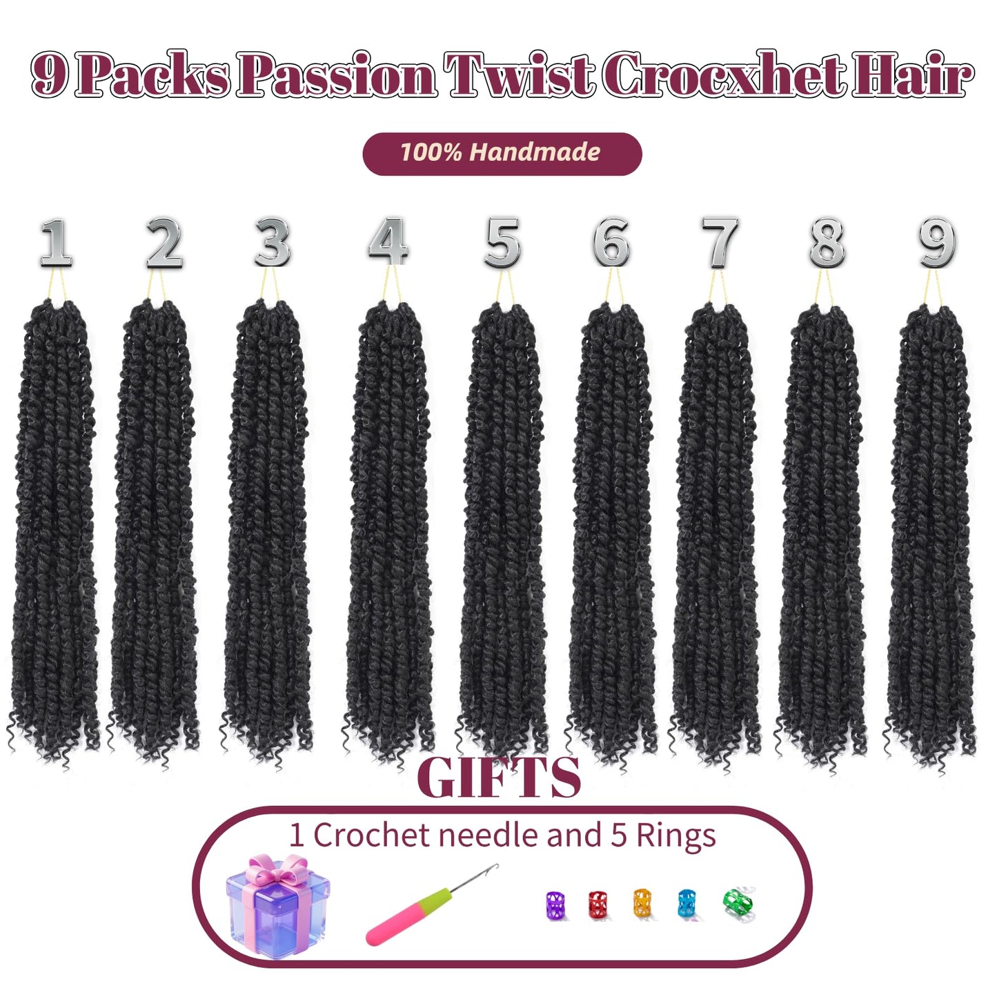 9 Packs Pre-Twisted Passion Twist Crochet Hair,24 Inch Natural Black Crochet Twists Pre Looped Long Passion Twist Crochet Braiding Hair Extensions for Black Women(24 Inch,1B#)