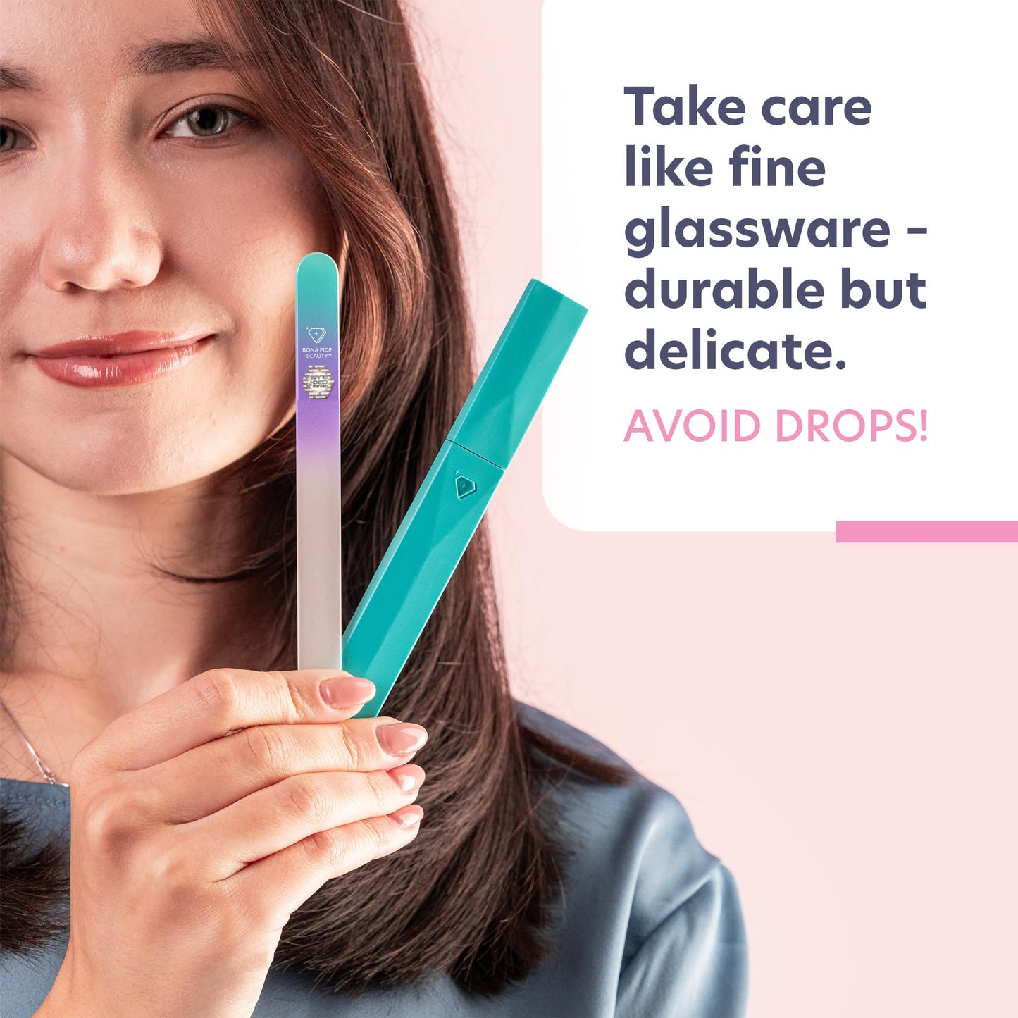 Bona Fide Beauty Czech Glass Nail File with Case, Pastel Green Violet Crystal File for Natural Nails. Nail Care Tool Gifts for Women