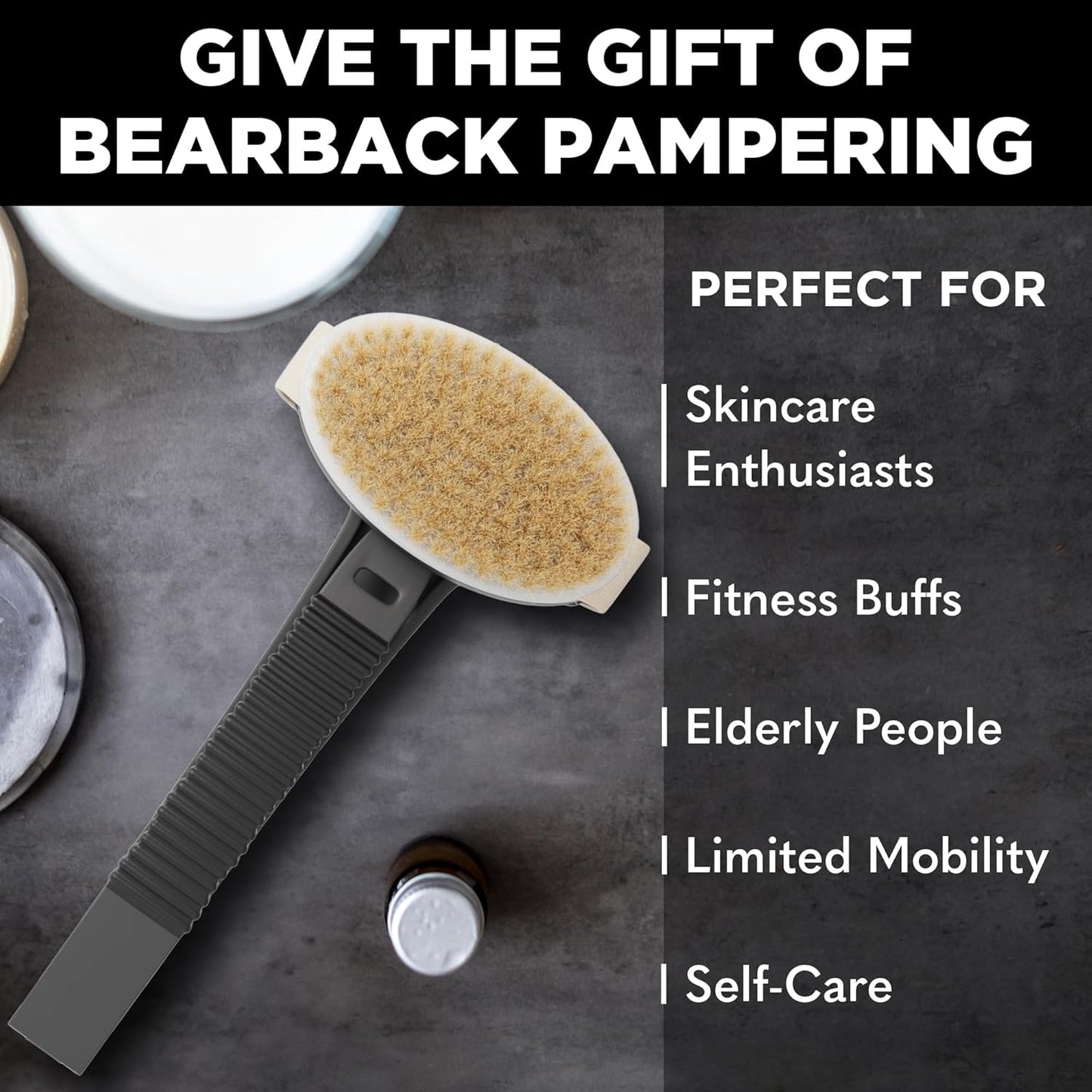 Bearback Dry Brushing Body Brush - Natural Bristles for Exfoliating | Long Handle & Removable Head