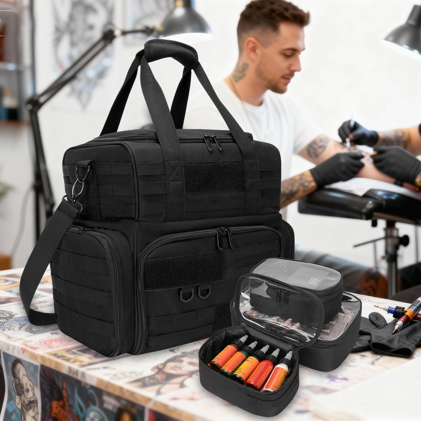 FURIMETY Large Tattoo Travel Case with 3 Inner Removable Pouches, Molle System Tattoo Bag for Equipment and Supplies, Tactical Tattoo Case with Shoulder Strap for Stencil Printer, Black