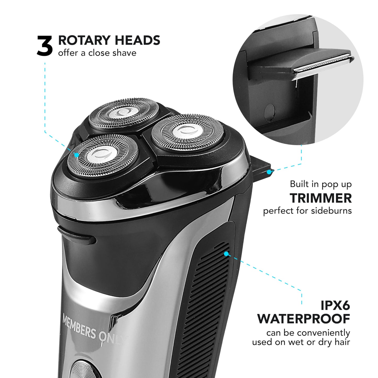 Members Only Foil Shaver, Lithium Metallic Cordless 2 Blade Electric Shaver, Precision Contouring, Pop-up Trimmer, LED Display, Waterproof Design (IPX6), USB Rechargeable