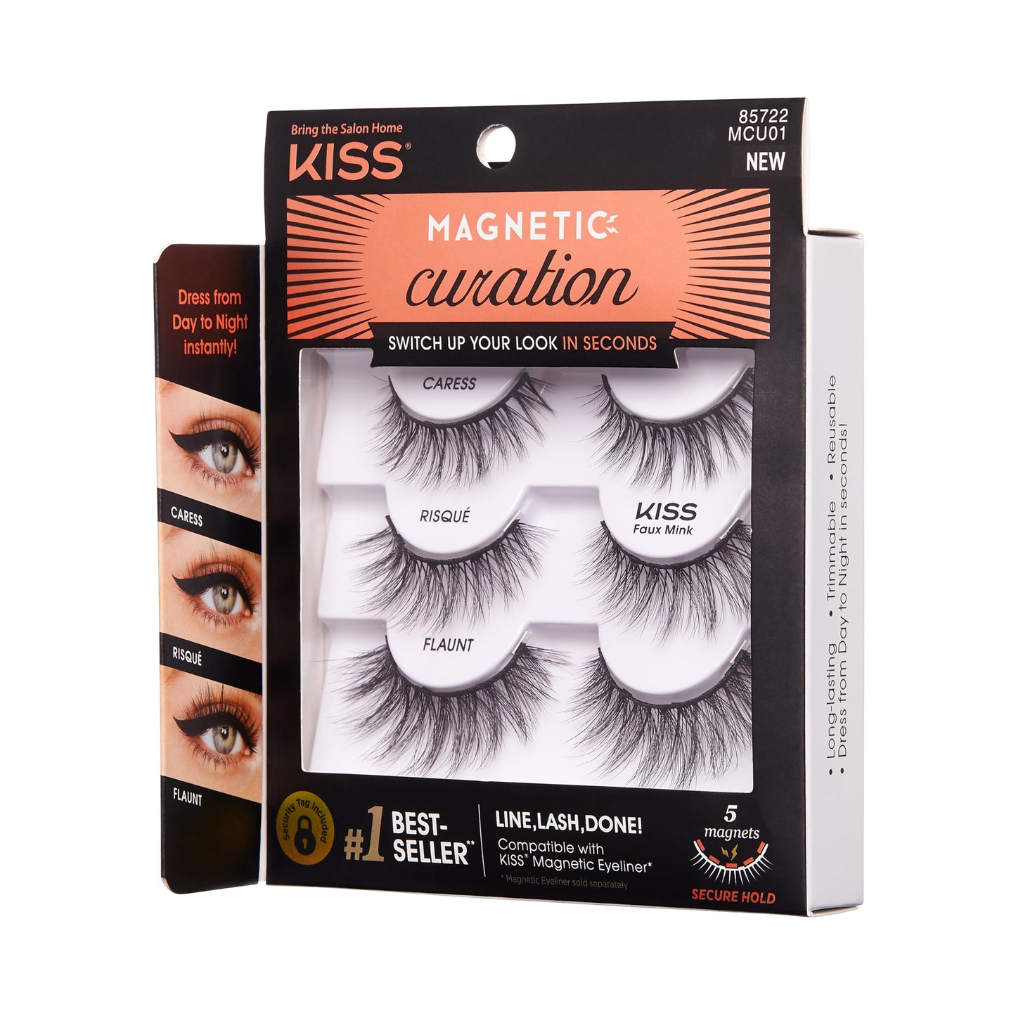 KISS Magnetic Curation False Eyelashes, 3 Pair with 5 Double Strength Magnets, Wind Resistant, Dermatologist Tested, Last Up To 16 Hours, Reusable Up To 15 Times in 3 Styles, Black, 3 Count