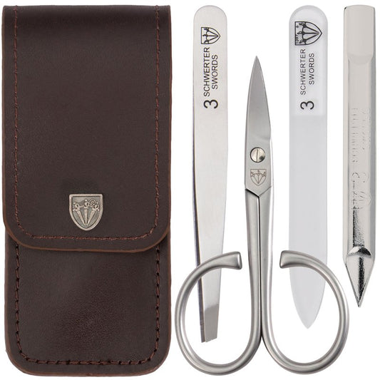 3 Swords Germany - brand quality 3 piece stainless steel INOX manicure pedicure grooming kit set for professional finger & toe nail care scissors file tweezers genuine leather case in gift box (03874)