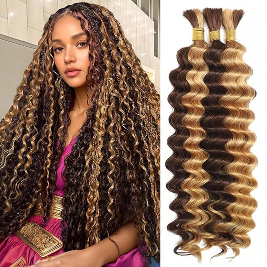 MYMYDA Human Braiding Hair for Boho Braids 16 Inch Curly Deep Wave Bulk 2 Bundles 100g 100% Unprocessed Virgin Hair Knotless Bohemian Braids Extensions Highlight Honey Blonde Color