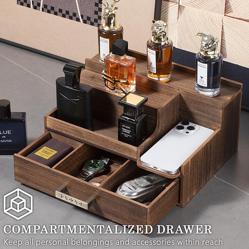 Wishtofly Cologne Organizer for Men, 3 Tier Perfume Display Stand with Drawer and Hidden Compartments, Stylish Wooden Mens Cologne Holder for Dresser Storage, Great Gift for Men/Fathers, Deep Brown