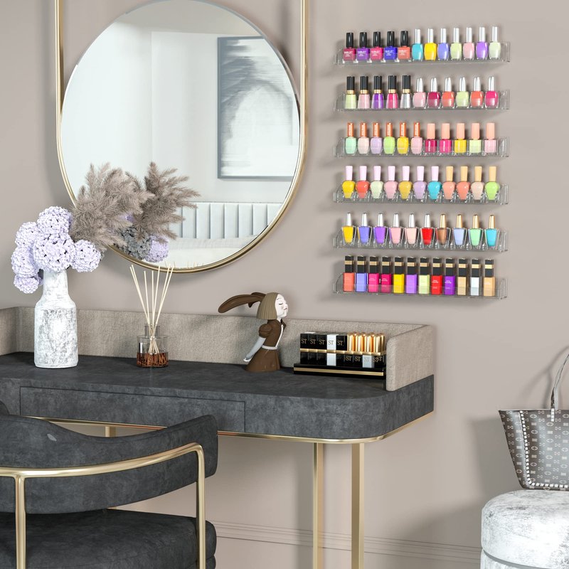 Hexsonhoma 15 Inch Acrylic Nail Polish Rack for Wall Set of 6, Wall Mounted Nail Polish Display Rack with End Caps, Nail Oranizer and Storage for Nail Tech, Hold Up to 90 Bottles (15 Inch)