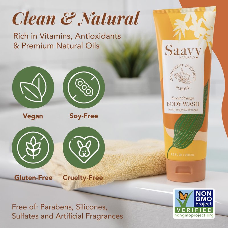 Saavy Naturals Moisturizing Body Wash for Sensitive Skin – Plant-Based & Pure with Coconut Oil, Shea Butter & Aloe Vera – Paraben-Free, Cruelty-Free – Sweet Orange – 8.5 fl oz, 2 pack