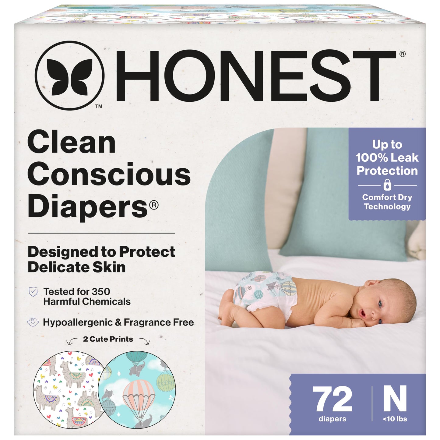 The Honest Company Comfort Dry Disposable Daytime Diapers for Sensitive Skin, Hypoallergenic, Above It All + All the Alpacas, Club Box Size Newborn 72 Count