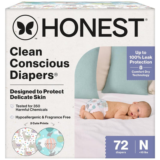 The Honest Company Comfort Dry Disposable Daytime Diapers for Sensitive Skin, Hypoallergenic, Above It All + All the Alpacas, Club Box Size Newborn 72 Count