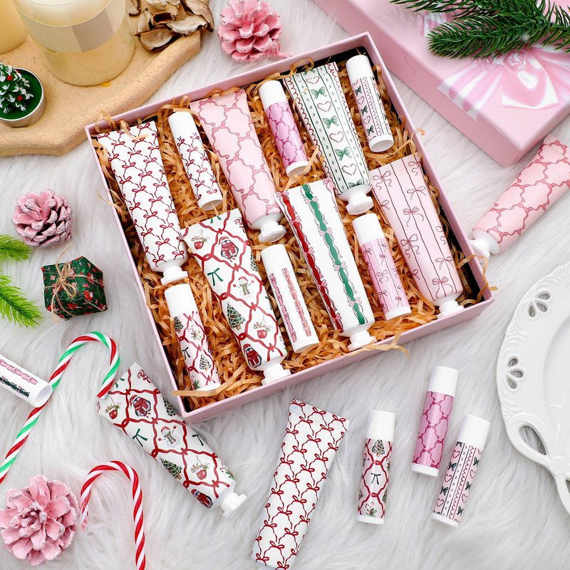 Dansib 24 Pcs 12 Sets Valentine's Day Hand Cream and Lip Balm Bulk Gift Set, 6 Scents Coquette Bow Valentine's Day Travel Size Hand Lotion Lip Care Gift for Women Staff Coworkers