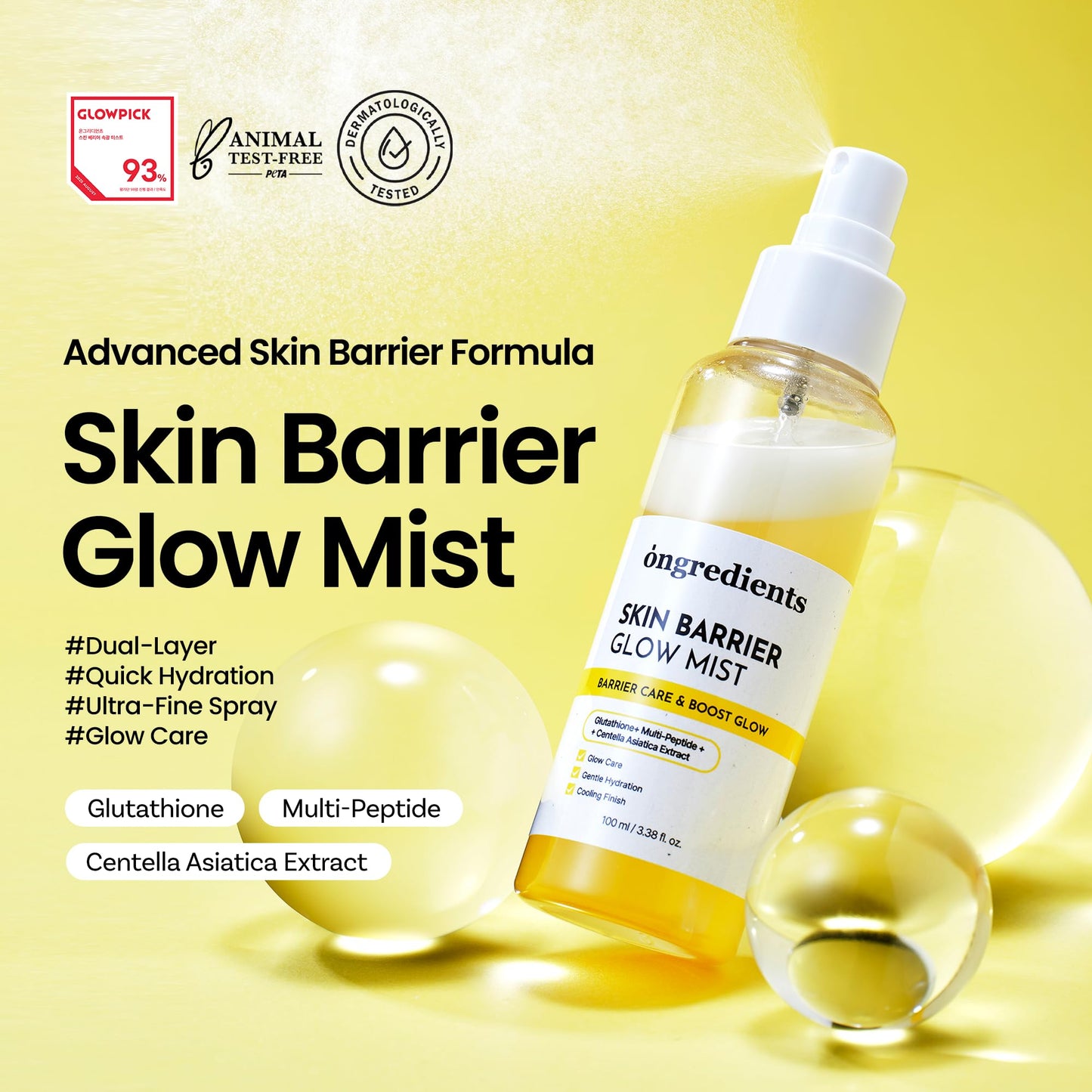 ONGREDIENTS Skin Barrier Glow Mist, Dual-Layer Facial Mist, 98% Pure Glutathione, Multi-Peptide, Centella, Ultra-Fine Spray, Cooling, Dry and Sensitive Skin, Korean Skin Care, 3.38 fl. oz. / 100ml