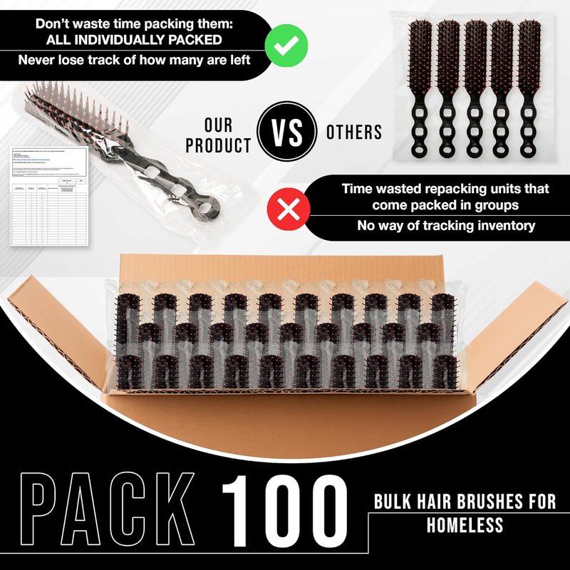 Bulk Hair Brushes - 100 Individually Wrapped Black Hairbrushes | Perfect for Homeless Shelters, Hygiene & Confidence