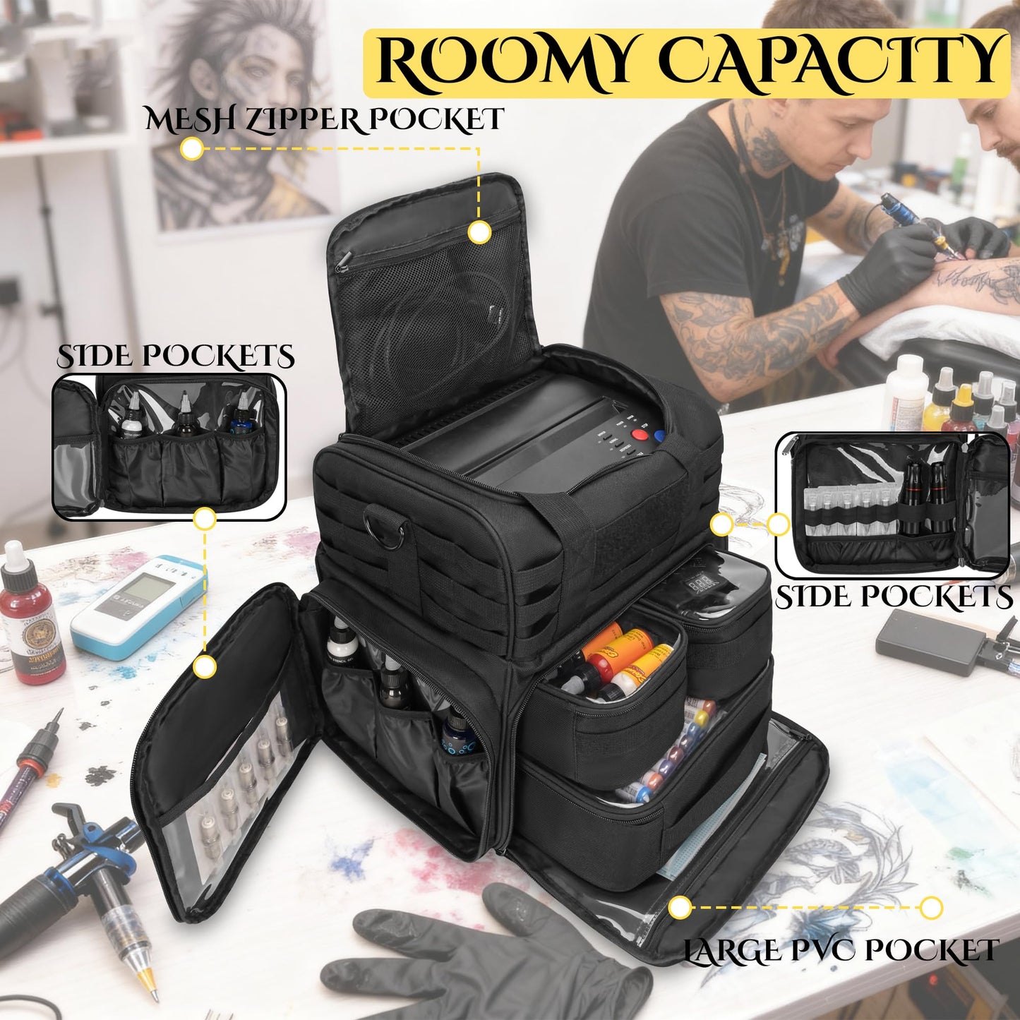 FURIMETY Large Tattoo Travel Case with 3 Inner Removable Pouches, Molle System Tattoo Bag for Equipment and Supplies, Tactical Tattoo Case with Shoulder Strap for Stencil Printer, Black
