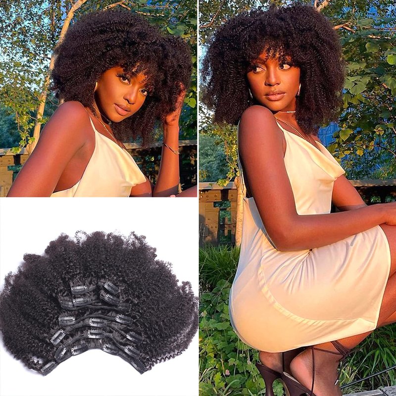Kabadu 8pcs 120g/set Afro Kinky Curly Clip In Hair Extension For Black Women Human Hair 4B 4C Brazilian Virgin Human Hair Clip Ins for African American Natural Black Color 8 Inch
